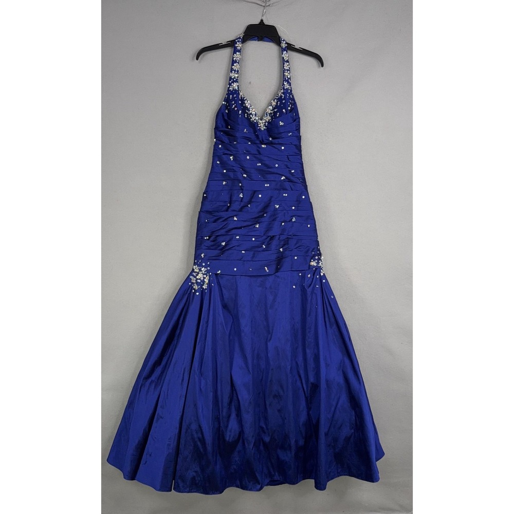 Morilee Dress Juniors 9/10 Blue Beaded Sequin Halter Mermaid Long Prom Gown